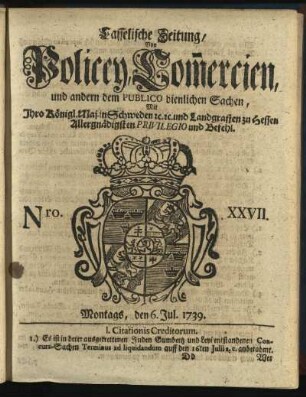 Nro. XXVII, Montags, den 6. Jul. 1739