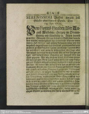 Verbot wegen der Glücks- oder Hazard-Spiele. Den 14. Apr. 1725
