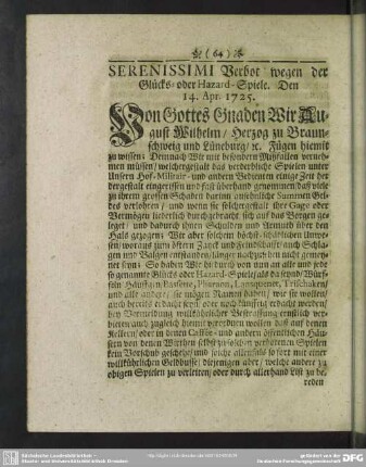 Verbot wegen der Glücks- oder Hazard-Spiele. Den 14. Apr. 1725