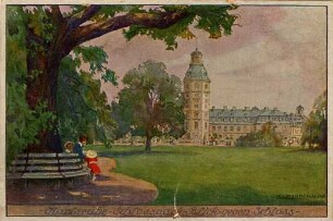Postkartenalbum mit Motiven von Karlsruhe. "Karlsruhe. Schlosspark. Blick gegen Schloss". Schlossturm und Schlosspark