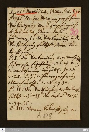 Disposition der Predigt von August Hermann Francke über Lk. 1, 26 am 25.03.1724.