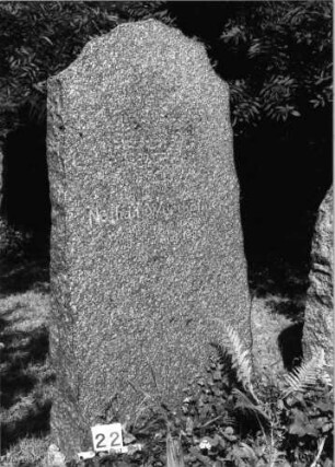 Grabstein 22 (Index: 100085358) Maße HxBxT: 175x85x27 cm Beschreibung: grob stelenhaft behauener Stein Besonderheit: Hiob 1, 8 und 2, 3: Grabstein 22