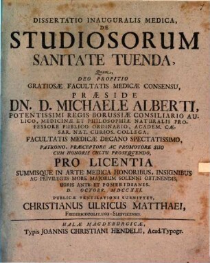 Diss. inaug. med. de studiosorum sanitate tuenda