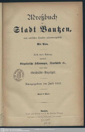 1892: Adreßbuch der Stadt Bautzen