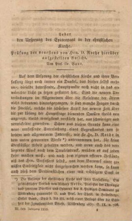 1-185 Ueber den Ursprung des Episcopats in der christlichen Kirche : Prüfung der neuestens von Herrn. D. Rothe hieruüber aufgestellten Ansicht