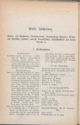 Dritte Abtheilung. Kirchen- und Schulwesen, Medicinalwesen, Gemeinnützige Anstalten, Museen und öffentliche Institute, amtliche Commissionen, wissenschaftliche und sociale Vereine [et]c.