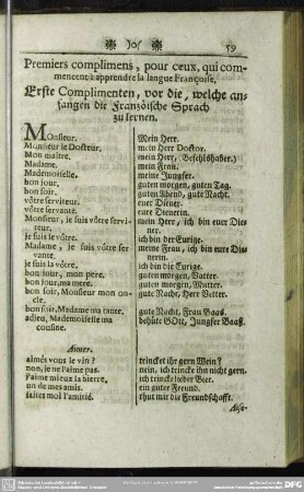 Premiers complimens, pour ceux, qui commencent à apprendre la langue Françoise. Erste Complimenten, vor die, welche anfangen die französische Sprach zu lernen