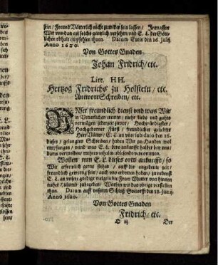 Litt. HH. Hertzog Fridrichs zu Holstein/ etc. AntwortSchreiben/ etc.