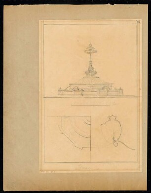 Öffentlicher Brunnen Monatskonkurrenz Dezember 1830: Aufriss; Grundrissausschnitt (Skizze), Seitenansicht einer der Lampen (Skizze)