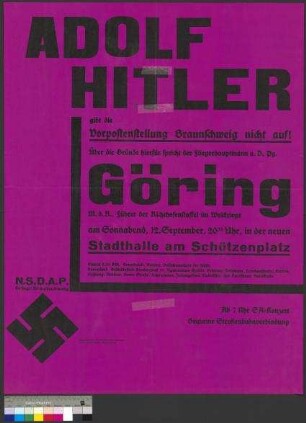 Plakat der NSDAP zu einer öffentlichen Parteiversammlung am 12. September 1932 in Braunschweig