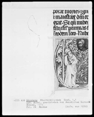 Lateinische Bibel — Initiale darin Gott zu Moses spricht, Folio 26recto