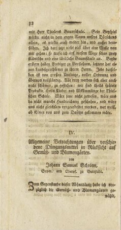 IV. Allgemeine Betrachtungen über verschiedene Düngungsmittel in Sücksicht auf Gemüß- und Blumengärten