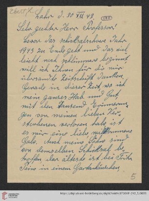 Korrespondenz Louise Ebert/Gustav Radbruch: Brief von Louise Ebert an Gustav Radbruch
