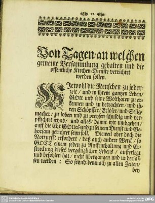 Von Tagen an welchen gemeine Versammlung gehalten und die offentliche Kirchen-Dienste verrichtet werden sollen