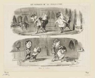 Chez le tailleur - Chez le coiffeur, Blatt 1 der Folge "Les Supplices de la Civilisation", in: "Le Charivari", Paris 1853