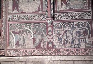 Martyrien der Heiligen Andreas, Johannes, Jacobus Maior, Philippus und Jacobus Minor; oben: das Himmlische Jerusalem mit der Scheidung von Licht und Dunkelheit und die Erschaffung des Firmaments