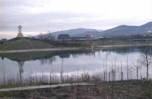Freiburg: Baggersee von der Uni Studentensiedlung mit Aussichtsturm in Vorfrühlingsstimmung