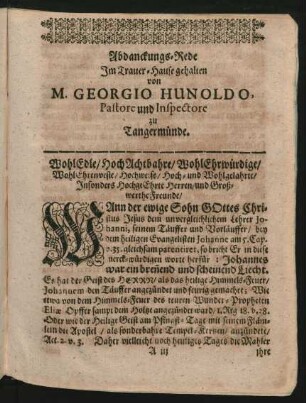 Abdanckungs-Rede Im Trauer-Hause gehalten von M. Georgio Hunoldo, Pastore und Inspectore zu Tangermünde.