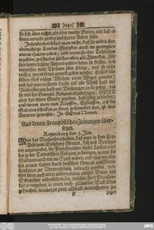 Aus denen Frantzösischen Zeitungen übersetzet. Regensburg den 3. Jan.