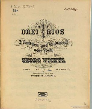 Drei Trios für 2 Violinen und Violoncell oder Viola : op. 83, 3. Trio 3. - Ca. 1869. - 3 St. - Pl.-Nr. 10951