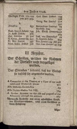 III Register. Der Schriften, welchen die Nahmen der Verfasser nicht beygefüget werden.