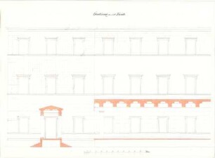 Gärtner, Friedrich von; Athen (Griechenland); Königliche Residenz (Athener Schloss) - Südfassade (Aufriss, Schnitt)