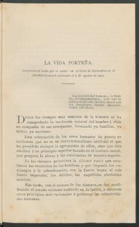 La Vida Porteña : Conferencia leida por el autor en el Club de Setiembre en el Smokin-Concert celebrado el 2 de agosto de 1903.