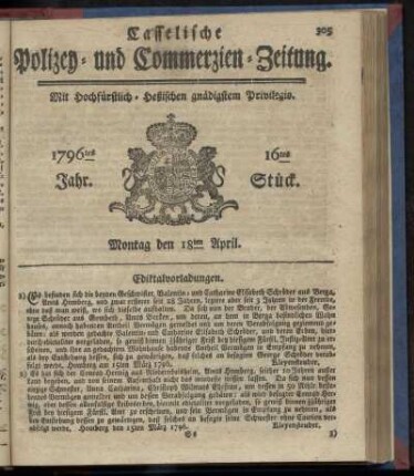 16tes Stueck, Montag den 18ten April. 1796