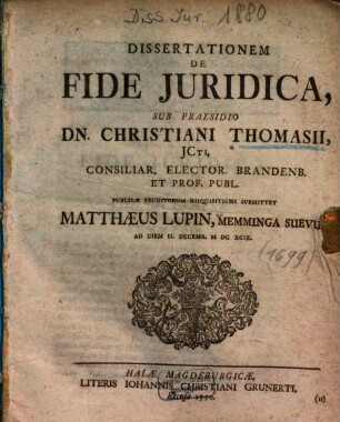Dissertationem De Fide Juridica [Iuridica]