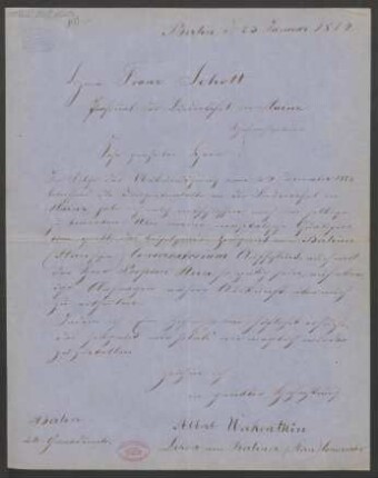 Brief an Franz Schott und Mainzer Liedertafel : 23.01.1864