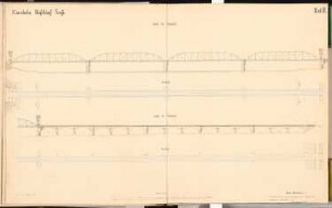 Eisenbahnbrücke über den Rhein, Düsseldorf Schinkelwettbewerb 1867: Flussbrücke und Flutbrücke in Grundriss und Aufriss Seitenansicht 1:480; Maßstabsleiste
