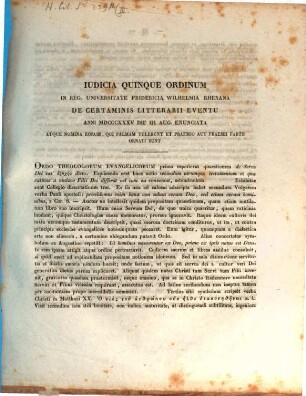 Iudicia quinque ordinum Universitatis Fridericiae Guilelmiae Rhenanae de litterarum certaminibus anni ... facta novaeque quaestiones anno ... propositae. 1835