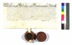 Bischof Conrad Wilhelm von Würzburg verleiht an Georg Friedrich, Graf von Hohenlohe Kälberbach; Siegel des Bischofs; Pergament.