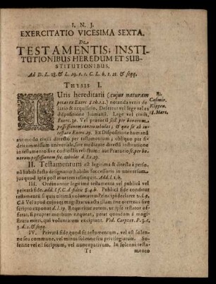Exercitatio Vicesima Sexta. De Testamentis; Institutionibus Heredum Et Substitutionibus. Thesis I. - XLIV.