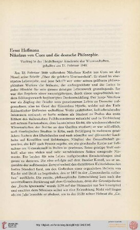 Neue Folge 1940: Nikolaus von Cues und die deutsche Philosophie : Vortrag in der Heidelberger Akademie der Wissenschaften, gehalten am 17. Februar 1940