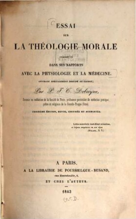 Essai sur la théologie morale considérée dans ses rapports avec la physiologie et la médicine