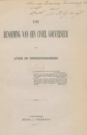 De benoeming van een civiel gouverneur van Atjeh en onderhoorigheden