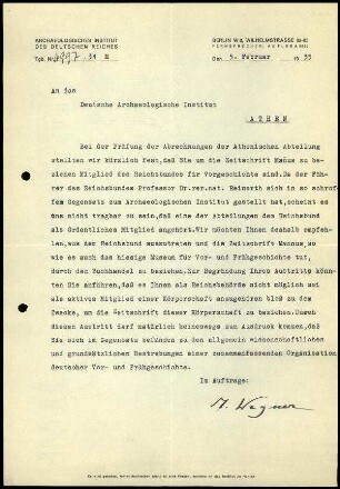 M. Wegner an DAI Athen