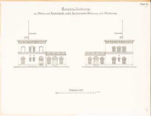 Warte- und Gepäckhalle mit Gartenmeisterwohnung, Norderney: Ansichten Ostseite, Westseite 1:100