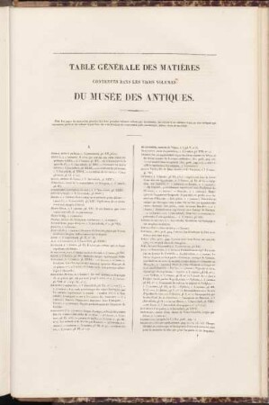 Table générale des matières contenues dans le trois volumes du Musée des Antiques.