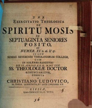 Exercitatio theol. de spiritu Mosis in septuaginta Seniores posito, ad Num. 11, 16. 25.