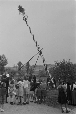 Maibauwerfen in Panschwitz-Kuckau. : Mejemjetanje w Pančicach-Kukowje.