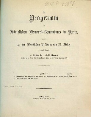 Programm des Königlichen Bismarck-Gymnasiums zu Pyritz : Ostern .... 1889/90
