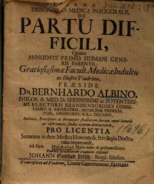 Dissertatio Medica Inauguralis, De Partu Difficili