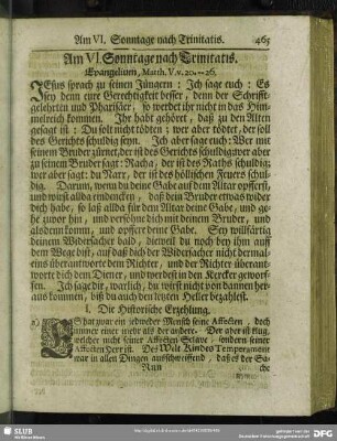 Am VI. Sonntage nach Trinitatis. Evangelium, Matth. V. v. 20 - 26