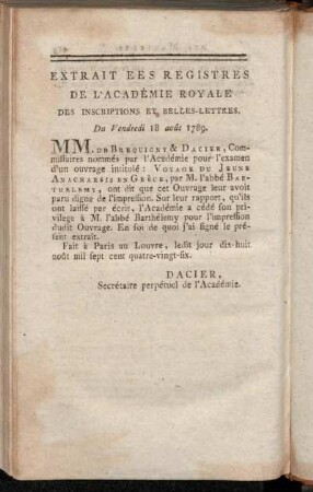 Extrait Ees Registres De L'Académie Royale Des Inscriptions Et Belles-Lettres.