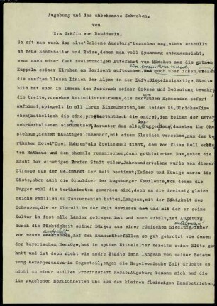 Nachlass von Eva Gräfin von Baudissin (1869-1943) – BSB Baudissiniana. A,8,6,3, Eva Gräfin von Baudissin (1869-1943) Nachlass: Augsburg und das deutsche Schwaben - BSB Baudissiniana A.VIII.6.3