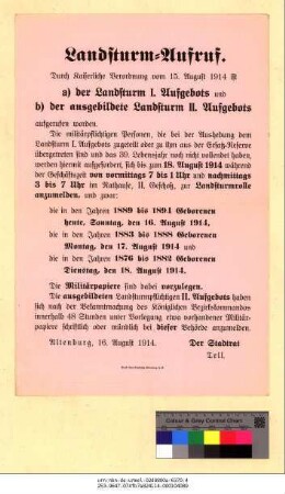 Originaltitel: Landsturm - Aufruf Anmeldung zur Landsturmrolle des 1. und 2. Aufgebots