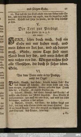 V. Der Text zur Predigt stehet Psalm 39. v. 5.6. und lautet: