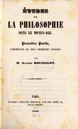 Études sur la philosophie dans le moyen-age, 1. Comprenant les deux premières époques